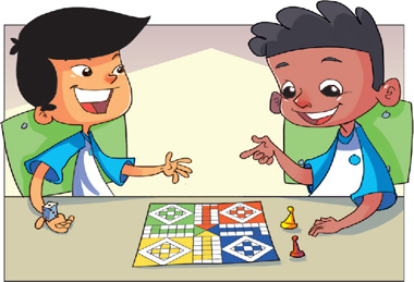 IMAGEM: dois meninos brincam com um jogo de tabuleiro na escola. FIM DA IMAGEM.