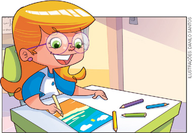 IMAGEM: uma menina pinta uma paisagem com lápis de cor. FIM DA IMAGEM.