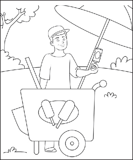 IMAGEM: ilustração para colorir mostra um sorveteiro atrás de um carrinho de sorvetes em um parque gramado. FIM DA IMAGEM.