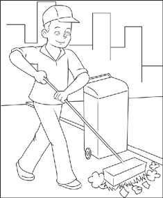 IMAGEM: ilustração para colorir mostra um gari de uniforme e boné varrendo a rua. FIM DA IMAGEM.