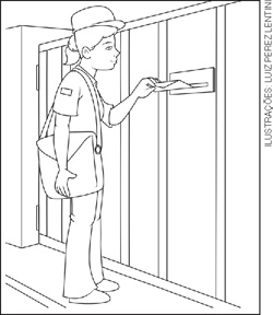 IMAGEM: ilustração para colorir mostra um carteiro colocando uma carta na caixa de correios de uma casa. FIM DA IMAGEM.