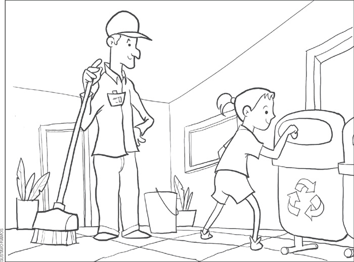 IMAGEM: ilustração para colorir mostrando um zelador segurando uma vassoura e observando uma menina que joga o lixo em uma lixeira reciclável na escola. FIM DA IMAGEM.