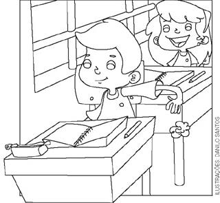 IMAGEM: ilustração para colorir mostra um menino sentado na carteira jogando uma folha de papel amassada no chão da sala de aula. FIM DA IMAGEM.
