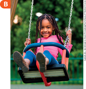 IMAGEM: b. fotografia colorida de 2020 mostra uma menina em um balanço. FIM DA IMAGEM.
