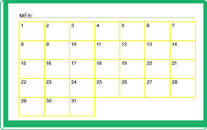 IMAGEM: representação de um mês com 31 dias, dispostos em pequenos retângulos. a primeira coluna está numerada de 1 a 7. a segunda de 8 a 14, a terceira de 15 a 21, a quarta de 22 a 28 e quinta de 29 a 31. FIM DA IMAGEM.
