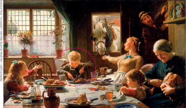 IMAGEM: professor:
uma pintura mostra uma família fazendo uma refeição em uma mesa. ela é formada por pai, mãe, avó e três crianças. a mãe está dando comida para um cavalo parado na porta. o pai está de pé. a avó está cortando um pedaço de pão, e uma das crianças corta um alimento no prato, ela está contornada. FIM DA IMAGEM.