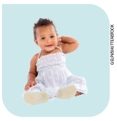 IMAGEM: uma bebê com vestido branco está sentada no chão. FIM DA IMAGEM.