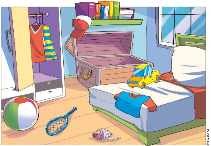 IMAGEM: a ilustração mostra um quarto de criança bagunçado, com alguns objetos fora do lugar. a porta do guarda-roupa e um baú de brinquedos estão abertos. um boné pendurado na estante deve ir para dentro do armário, assim como uma camiseta jogada em cima da cama. FIM DA IMAGEM.