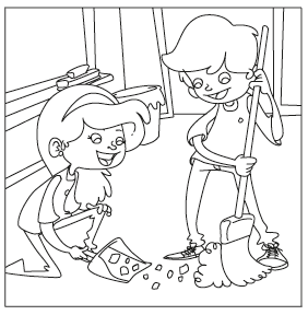 IMAGEM: ilustração para colorir mostra um menino varrendo o chão da sala de aula enquanto uma menina segura uma pá para recolher o lixo. FIM DA IMAGEM.