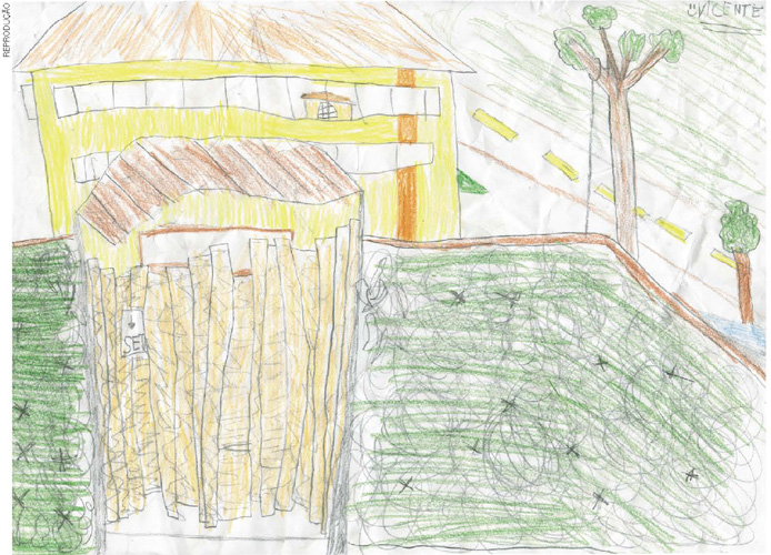 IMAGEM: desenho apresenta a fachada de uma escola com muitas janelas. a escola é cercada por um muro e o portão é feito de madeira. há árvores ao redor da escola. FIM DA IMAGEM.