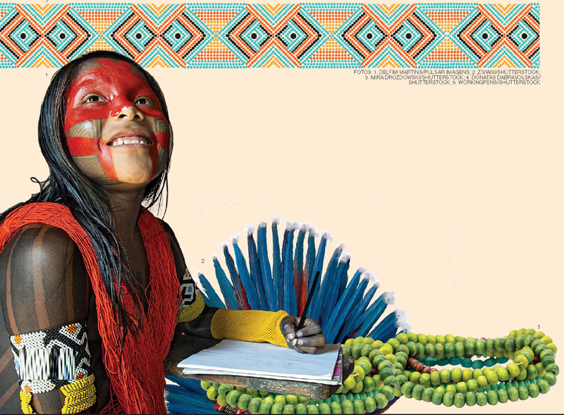 IMAGEM: menina indígena com o corpo coberto por pinturas e acessórios como braceletes e colares de miçanga. ela escreve em um caderno. em volta da fotografia, há detalhes de colares de contas, grafismos indígenas e um cocar. FIM DA IMAGEM.