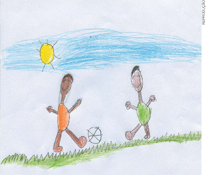 IMAGEM: desenho de dois meninos que jogam bola em um dia ensolarado. FIM DA IMAGEM.