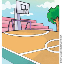 IMAGEM: quadra com estrutura para o gol e cesta de basquete. FIM DA IMAGEM.