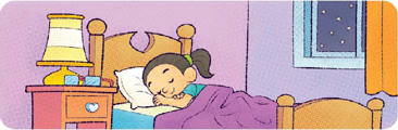 IMAGEM: garota dormindo em sua cama. nota-se o céu escuro com estrelinhas através da janela. FIM DA IMAGEM.