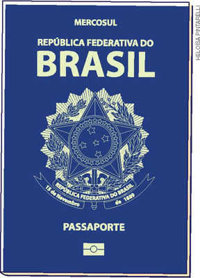 IMAGEM: capa de um passaporte. acima está escrito: mercosul. república federativa do brasil. logo abaixo, está o brasão da república federativa do brasil, seguido da palavra passaporte e um símbolo retangular partido ao meio por uma linha, sobre a qual está um círculo. FIM DA IMAGEM.