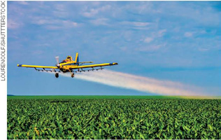 IMAGEM: avião despejando agrotóxicos sobre uma plantação. FIM DA IMAGEM.