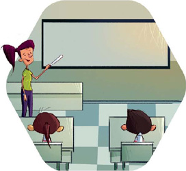 IMAGEM: alunos em uma sala de aula observam a professora indicar a lousa com uma régua. FIM DA IMAGEM.