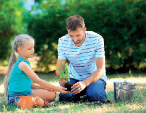 IMAGEM: sentados em um gramado, um homem adulto ajuda uma menina a plantar uma muda de árvore. FIM DA IMAGEM.