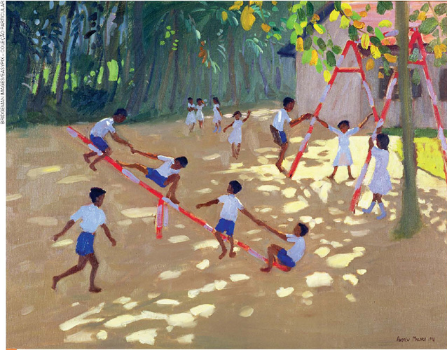 IMAGEM: a pintura apresenta crianças brincando em um parquinho ao ar livre. FIM DA IMAGEM.