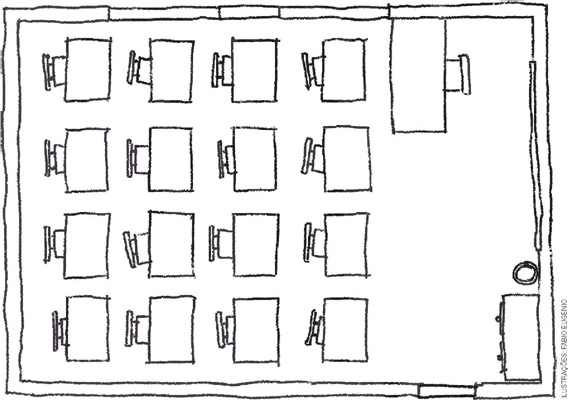 IMAGEM: desenho de uma sala de aula. há quatro fileiras de carteiras organizadas lado a lado. em frente, de um lado, está a mesa do professor, enquanto do outro lado, há uma lixeira e um armário, ao lado da porta. FIM DA IMAGEM.