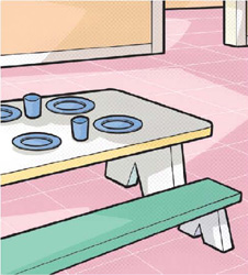 IMAGEM: mesa alongada e retangular com banco também longo. há alguns pratos e copos sobre ela. FIM DA IMAGEM.