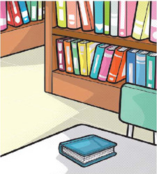 IMAGEM: mesa com cadeira e uma estante cheia de livros. há um livro em cima da mesa. FIM DA IMAGEM.