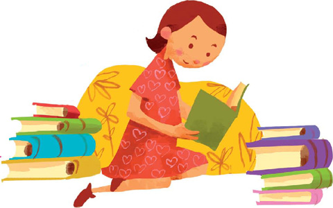 IMAGEM: menina sentada com um livro nas mãos. ao seu redor, há duas pilhas com livros de vários tamanhos. FIM DA IMAGEM.