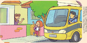 IMAGEM: menina se despede da mãe para entrar no ônibus escolar. FIM DA IMAGEM.