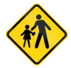 IMAGEM: placa em formato de losango, com o desenho de uma pessoa adulta segurando a mão de uma criança. FIM DA IMAGEM.
