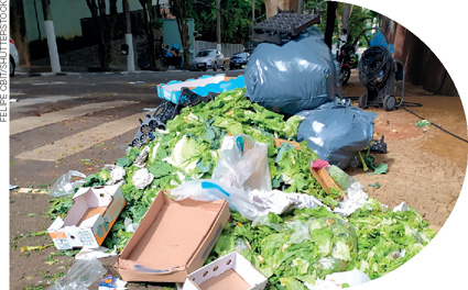 IMAGEM: grandes sacos de lixo, caixas vazias e restos de verduras ocupando a rua e a calçada. FIM DA IMAGEM.
