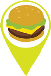 IMAGEM: marcador de localização com um sanduíche desenhado. FIM DA IMAGEM.