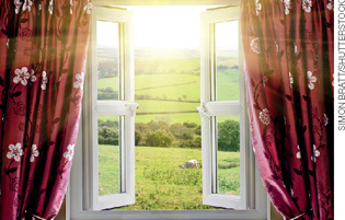 IMAGEM: janela e cortina abertas para uma paisagem ensolarada. FIM DA IMAGEM.