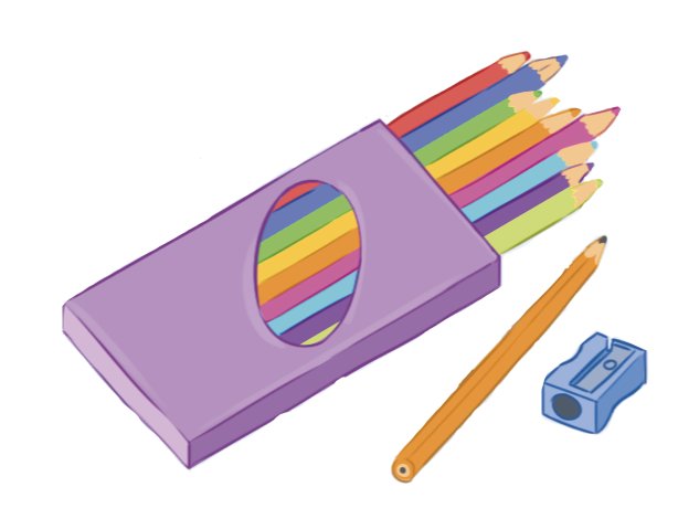 IMAGEM: uma caixa de lápis de cor e um apontador. FIM DA IMAGEM.