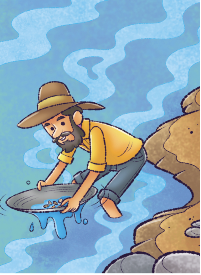 IMAGEM: um homem balança uma peneira com pedras dentro da água. FIM DA IMAGEM.