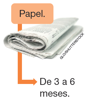 IMAGEM: esquema apresenta o tempo de decomposição do papel: de três a seis meses. FIM DA IMAGEM.