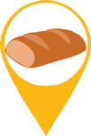 IMAGEM: marcador de localização com um pão desenhado. FIM DA IMAGEM.