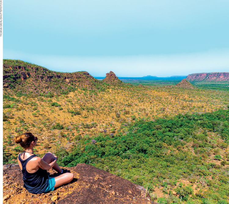 IMAGEM: uma mulher, sentada no topo de uma pedra, olha para uma grande área com vegetação diversa e montanhas. FIM DA IMAGEM.