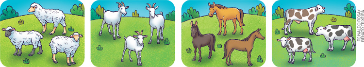 IMAGEM: quatro imagens com ilustrações. a primeira, uma ilustração de ovelhas em um pasto. a segunda, cabras em um pasto. a terceira, cavalos em um pasto e a quarta, vacas em um pasto. FIM DA IMAGEM.