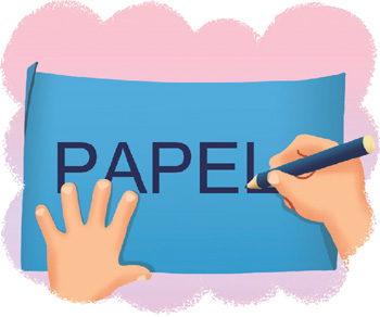 IMAGEM: uma mão escreve a palavra papel escrita em uma cartolina azul, enquanto a outra a segura. FIM DA IMAGEM.