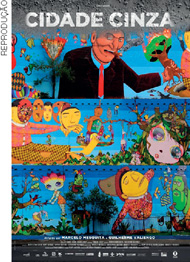 IMAGEM: capa do documentário cidade cinza com uma cena que apresenta três faixas de grafites com diversos personagens. FIM DA IMAGEM.