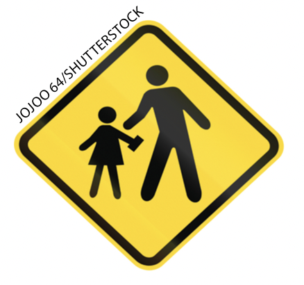 IMAGEM: uma placa com o símbolo de um adulto ao lado de uma criança que está carregando a lancheira. FIM DA IMAGEM.