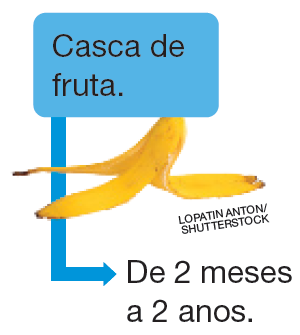 IMAGEM: esquema apresenta o tempo de decomposição da casca de fruta: de dois meses a dois anos. FIM DA IMAGEM.