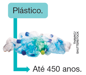 IMAGEM: esquema apresenta o tempo de decomposição do plástico: até quatrocentos e cinquenta anos. FIM DA IMAGEM.