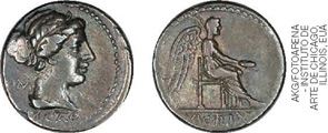 IMAGEM: duas moedas. a primeira retrata o busto de um imperador. a segunda, a figura de uma pessoa alada, sentada sobre uma cadeira. FIM DA IMAGEM.