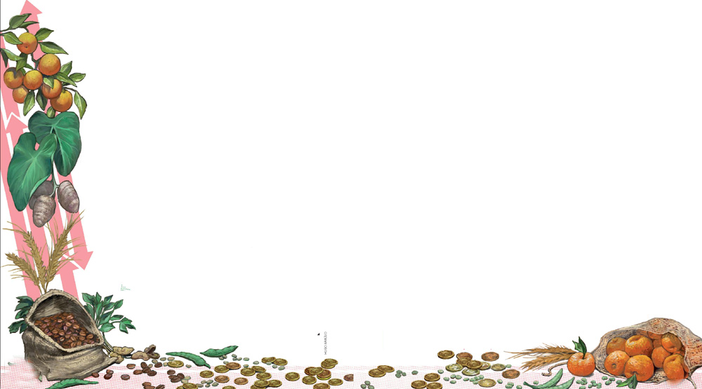 IMAGEM: ilustração decorativa de setas indo e vindo sob as figuras de laranjas, tubérculos, trigo e um saco de grãos. grãos e moedas espalhados pelo chão formam um caminho que se estende até um saco de laranjas. FIM DA IMAGEM.