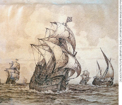 IMAGEM: ilustração de quatro caravelas navegando em alto mar. FIM DA IMAGEM.
