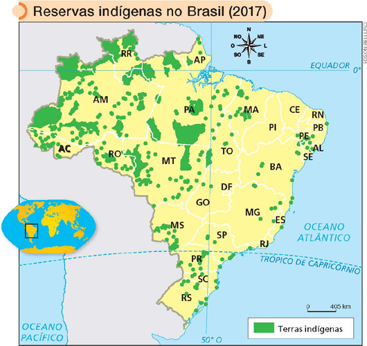 IMAGEM: um mapa do brasil de 2017 mostra as divisões dos estados, com suas respectivas siglas, e em quais áreas do território nacional há reservas indígenas. não há indicação de reservas indígenas no piauí e no ceará. FIM DA IMAGEM.