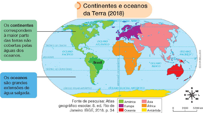IMAGEM: um mapa de 2018 mostra os seis continentes, américa, europa, oceania, ásia, áfrica e antártida, e os oceanos pacífico, atlântico, índico, ártico e antártico. também estão indicados os trópicos de câncer e de capricórnio, a linha do equador e o meridiano de greenwich. o brasil aparece destacado na américa. FIM DA IMAGEM.