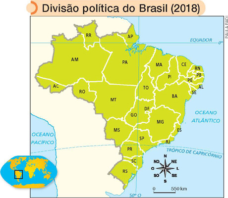 IMAGEM: um mapa de 2018 mostra a divisão política do brasil. cada estado está representado por sua respectiva sigla. a, m, amazonas. r, r, roraima. a, c, acre. a, p, amapá. p, a, pará. r, o, rondônia. m, a, maranhão. t, o, tocantins. p, i, piauí. c, e, ceará. r, n, rio grande do norte. p, b, paraíba. p, e, pernambuco. a, l, alagoas. s, e, sergipe. b, a, bahia. m, t, mato grosso. m, s, mato grosso do sul. g, o, goiás. m, g, minas gerais. e, s, espírito santo. r, j, rio de janeiro. s, p, são paulo. p, r, paraná. s, c, santa catarina. r, s, rio grande do sul. FIM DA IMAGEM.