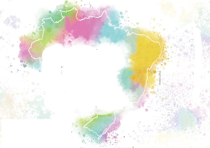 IMAGEM: uma ilustração representa um mapa do brasil estilizado. o contorno geográfico é interrompido ou ultrapassado por cores esfumaçadas que se fundem e há respingos de tinta espalhados pela página. FIM DA IMAGEM.